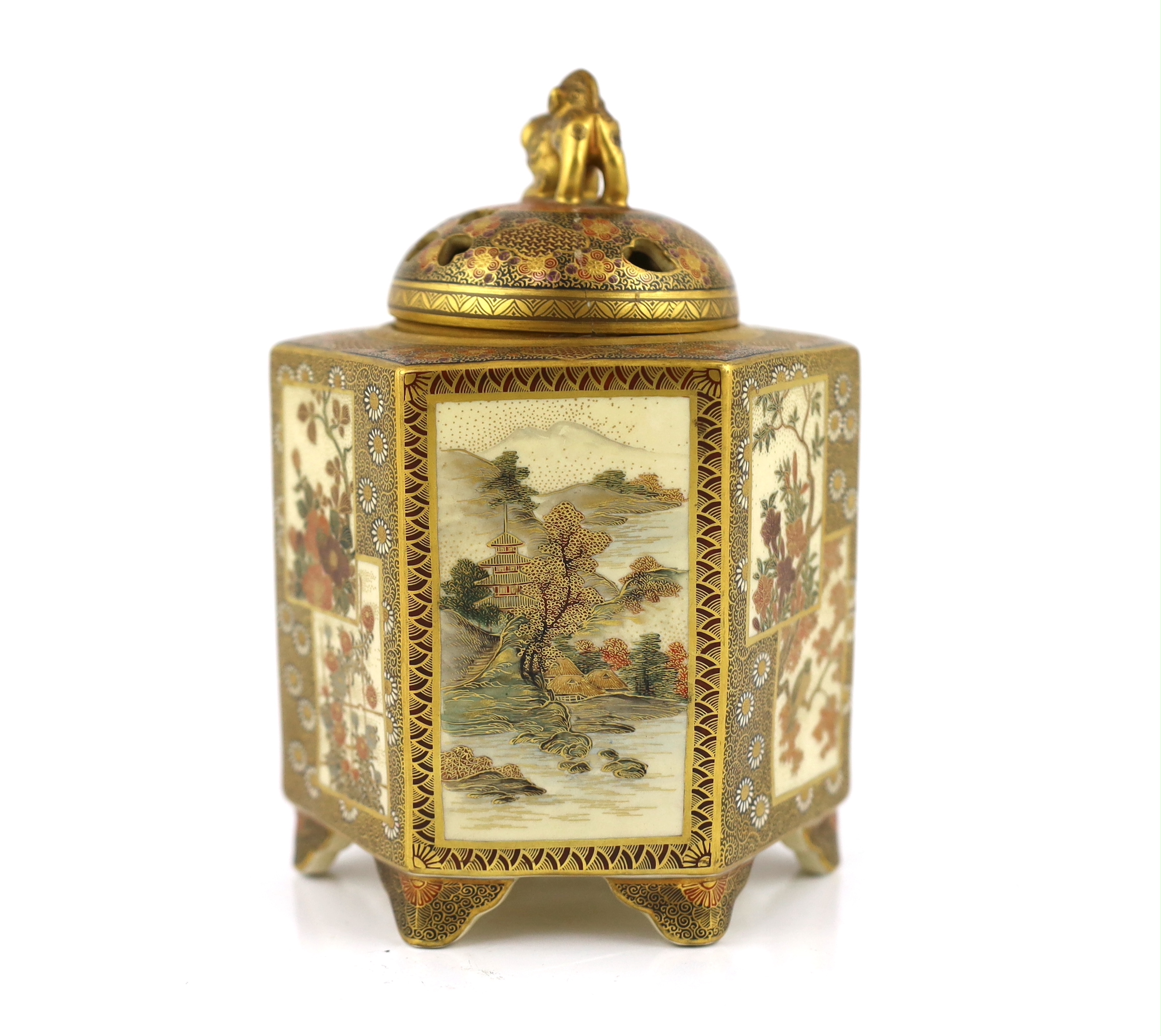 A Japanese Satsuma hexagonal koro and cover, by Kinkozan, Meiji period